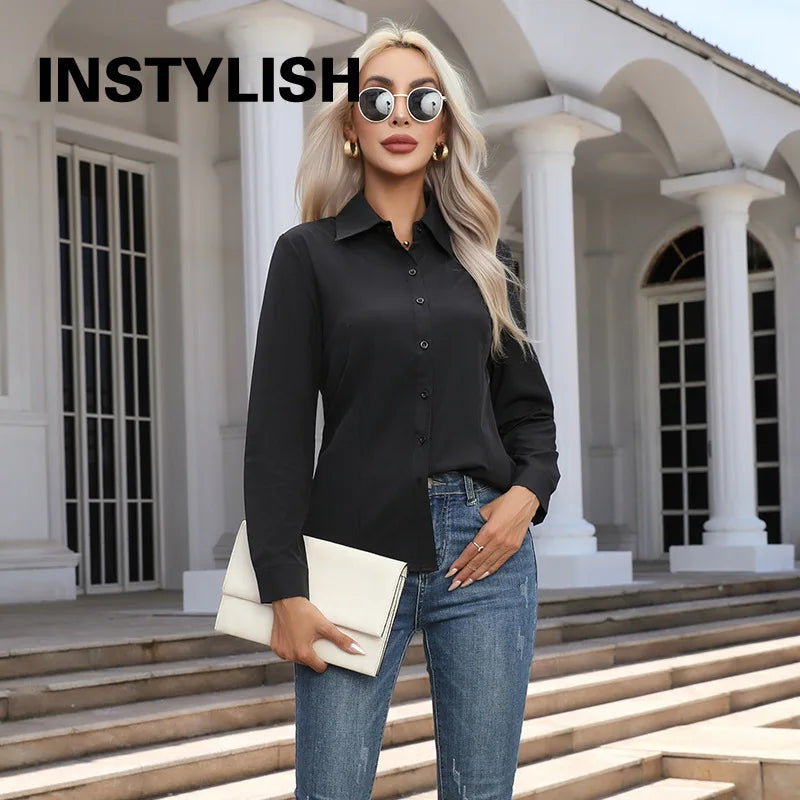 Women's Button Chiffon Blouse - Turn-Down Collar (S-XXXL)