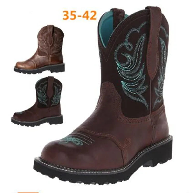 Women's Goth Cowboy Boots – Embroidered Mid-Calf Slip-On, Retro Western