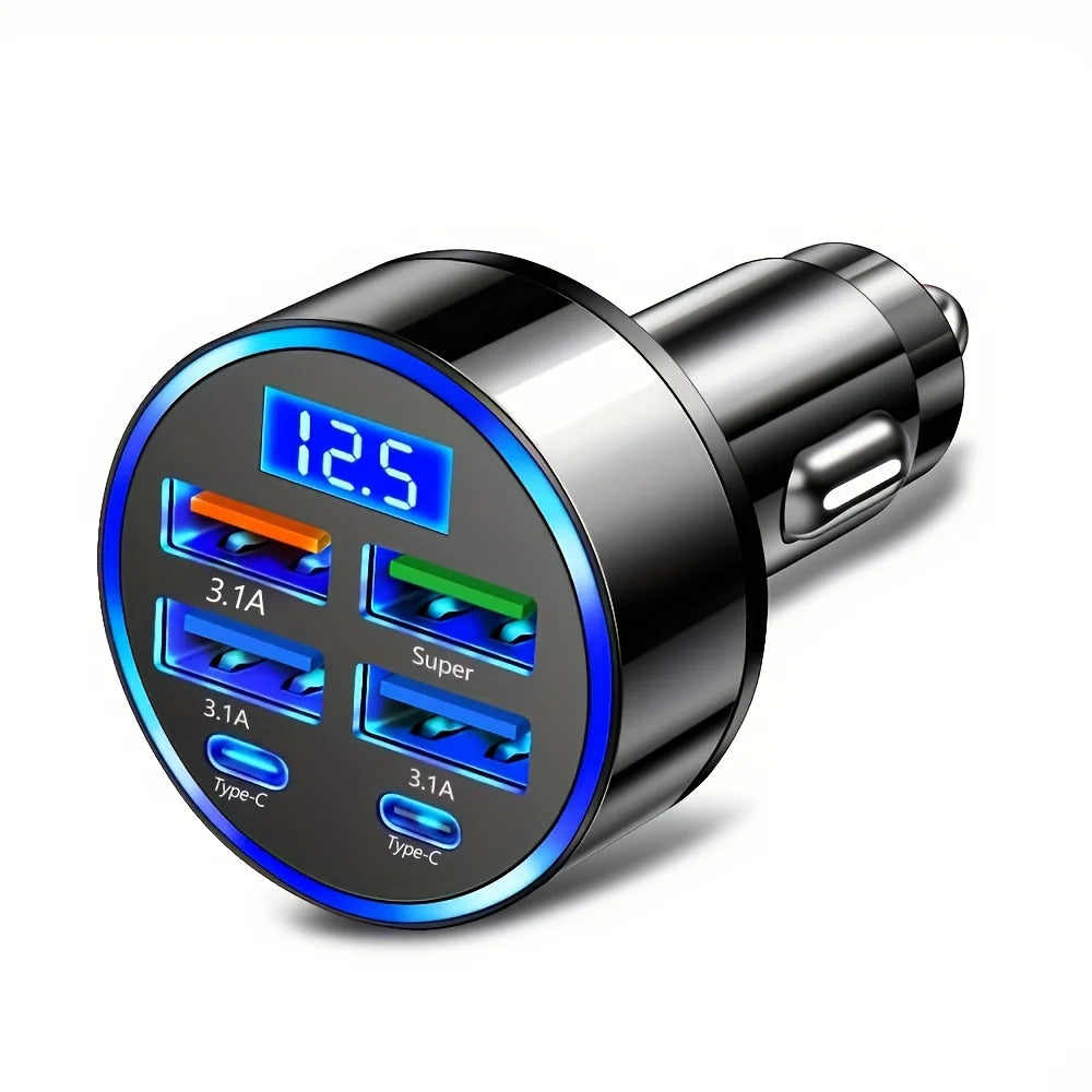 6-in-1 Fast Charging Car Adapter – 3.1A Dual USB & Type-C with Digital Display