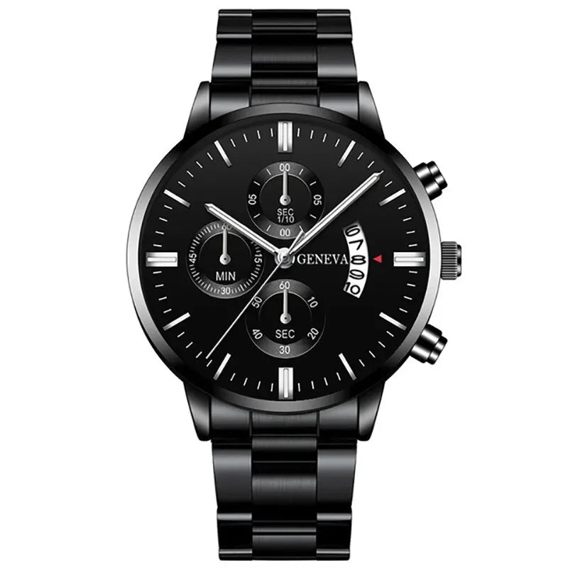 Men's Quartz Watch & Bracelet Gift Set – Calendar Chronograph-Style Dial