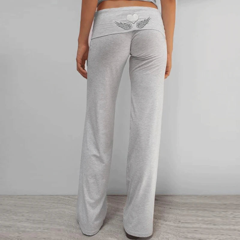 Women's Embroidered Flare Yoga Pants with Fold-Over Waistband