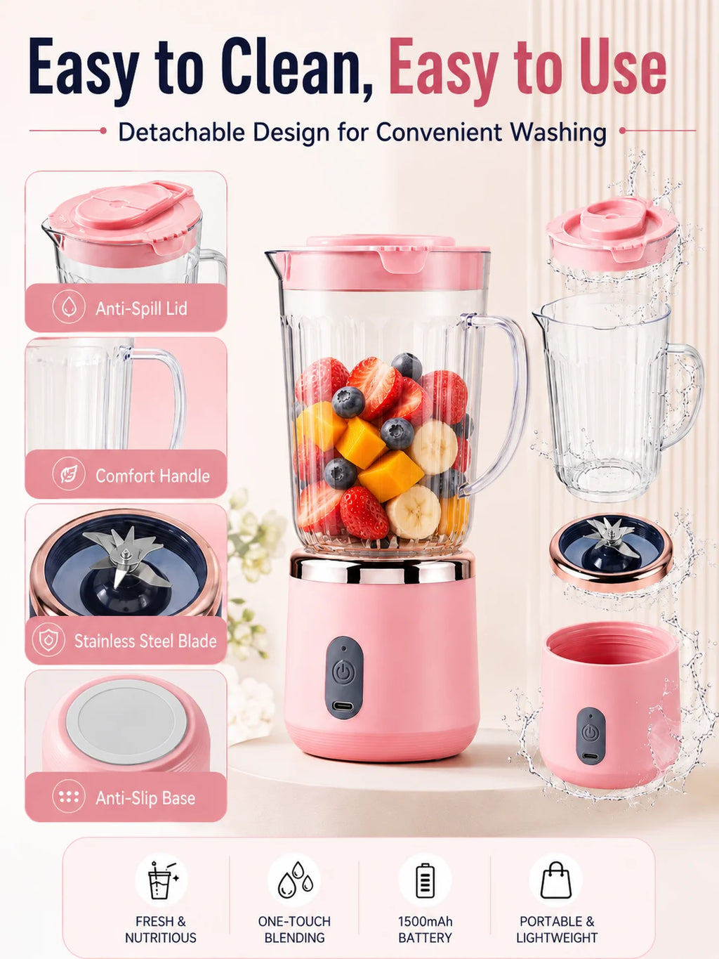 Compact 20cm Mini Portable Blender 800ml Large Capacity USB Charging 304 Steel Blade Smoothie Juicer Cup Easy To Clean