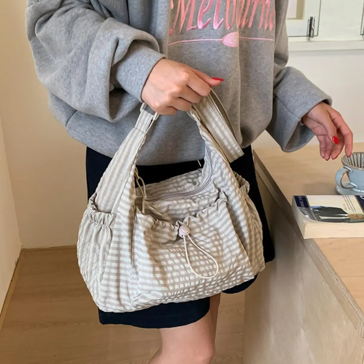 Korean Style Plaid Casual Shoulder Bag, Lightweight Checkered Crossbody Bag with Adjustable Strap, Cotton Quilted Fabric Handbag