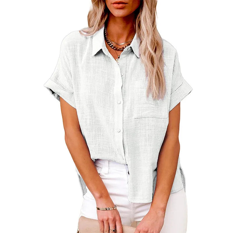 Women's Linen Pocket Blouse - Short Sleeve Loose Fit (S-5XL)