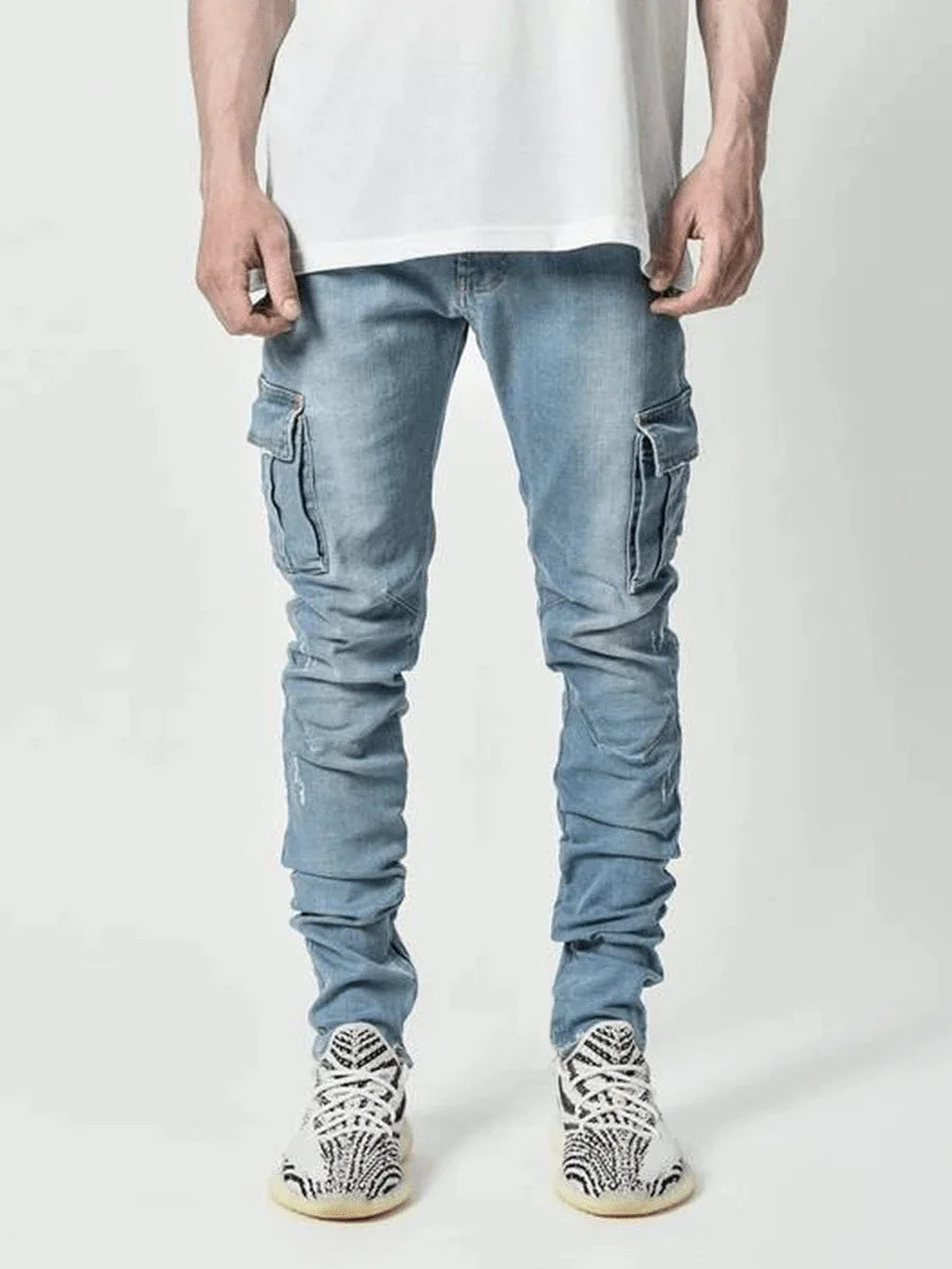 Men’s Multi-Pocket Cargo Jeans – Relaxed Fit Washed Denim Pants