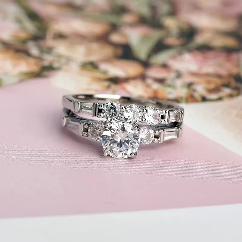 Simulated Diamond Combo Ring | Round & Baguette Cut | Silver Plated Band