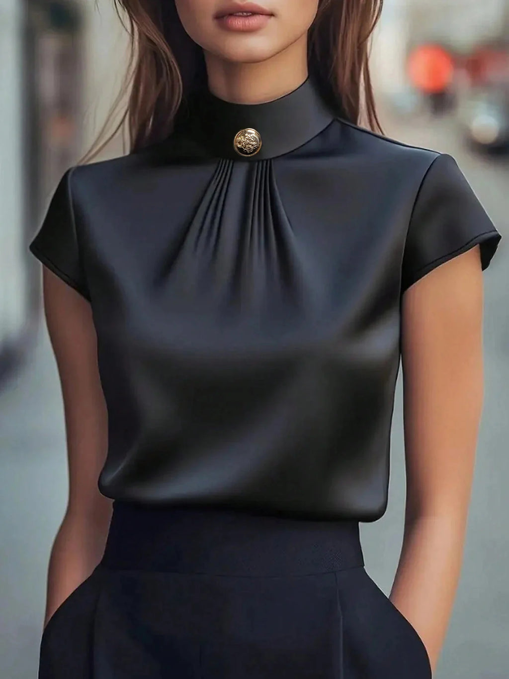 Women's Satin Pleated Blouse — Stand Collar, Short Sleeve