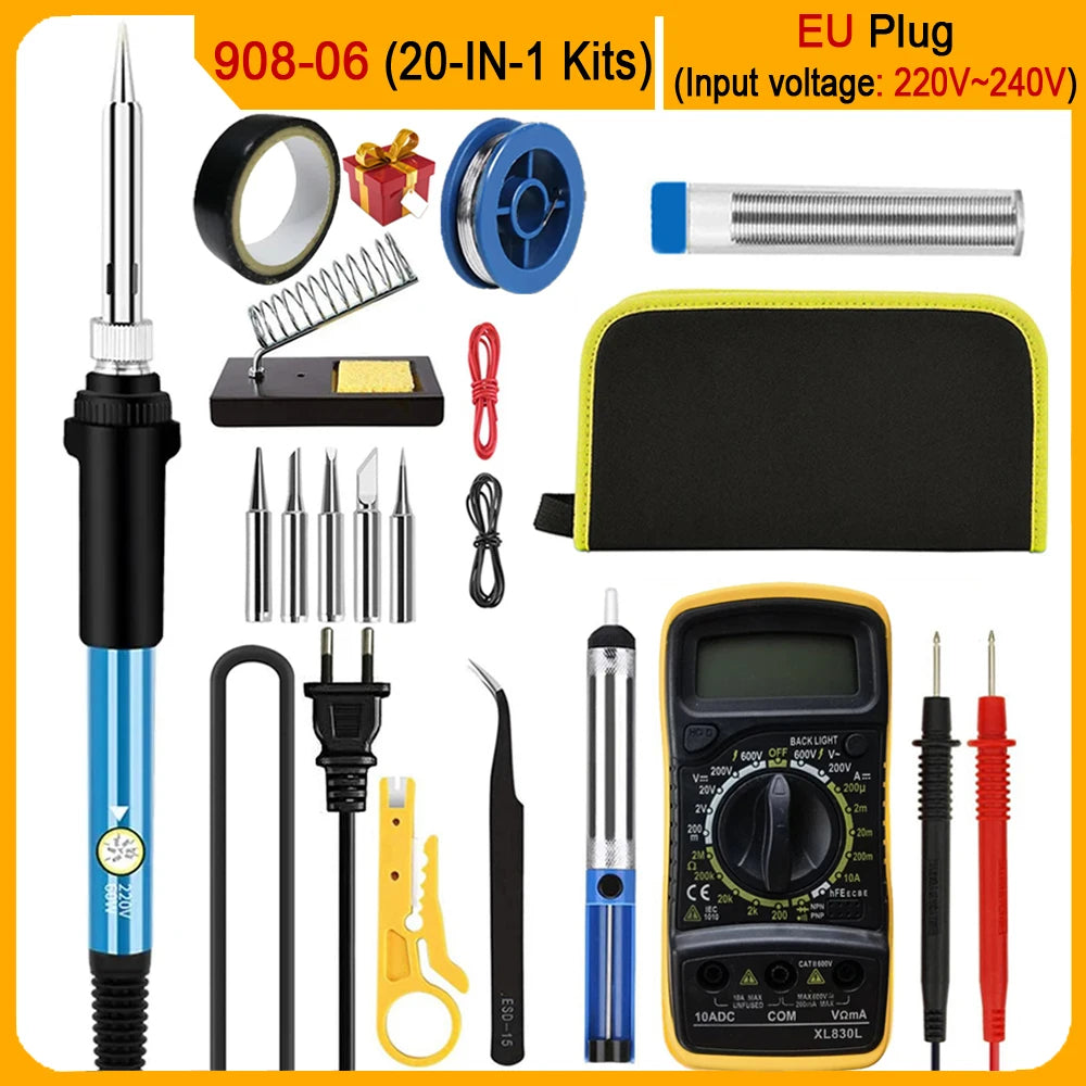 Electric Soldering Iron Kit – 60W Adjustable Temp, 10/16/20-in-1, US & EU Plug