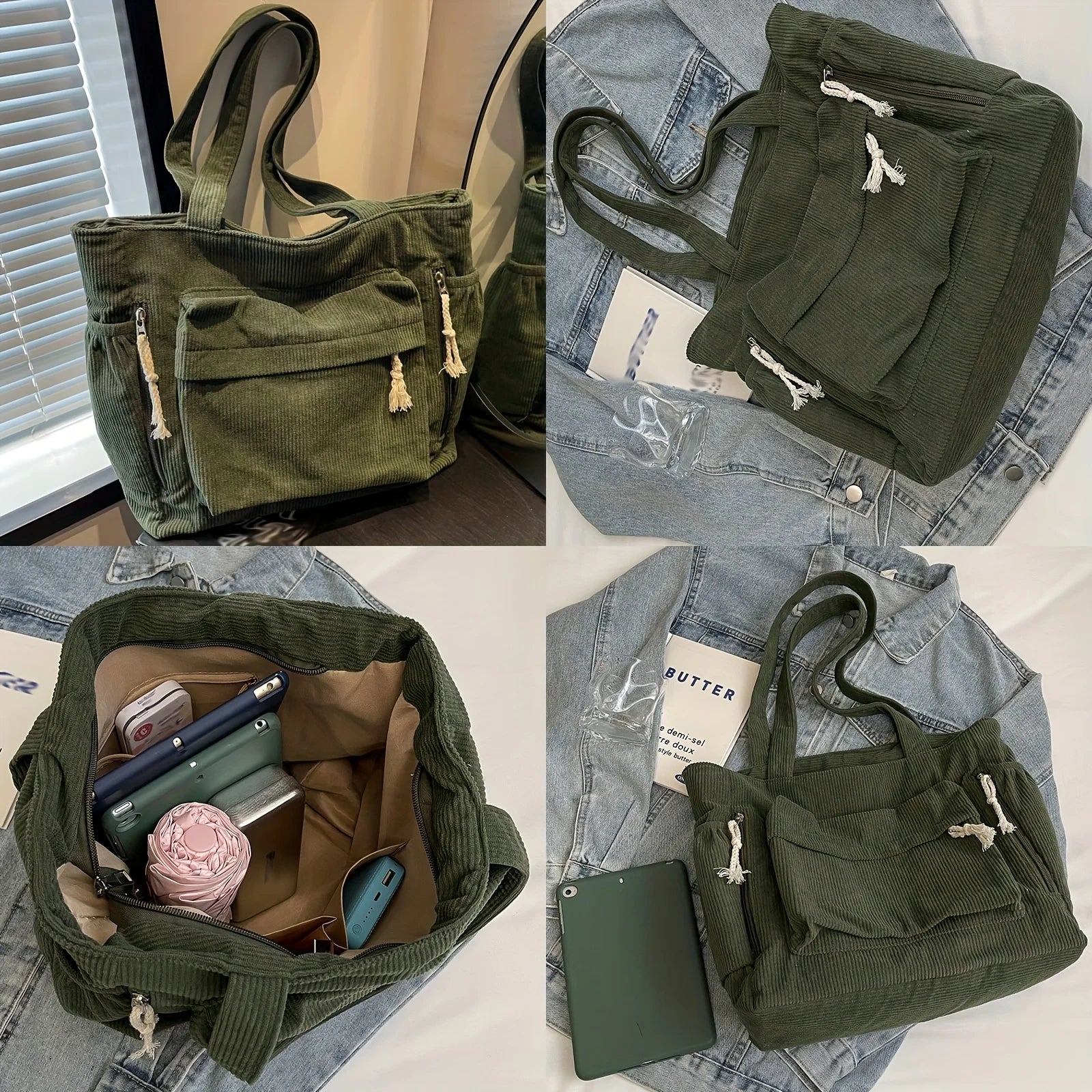 Corduroy Shoulder Tote Bag — Casual Multi-Pocket Women's Handbag