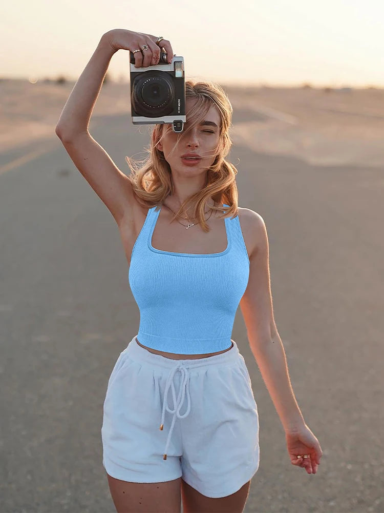 Women's Square Neck Ribbed Tank Top | Elastic Sleeveless Crop Camisole S-L