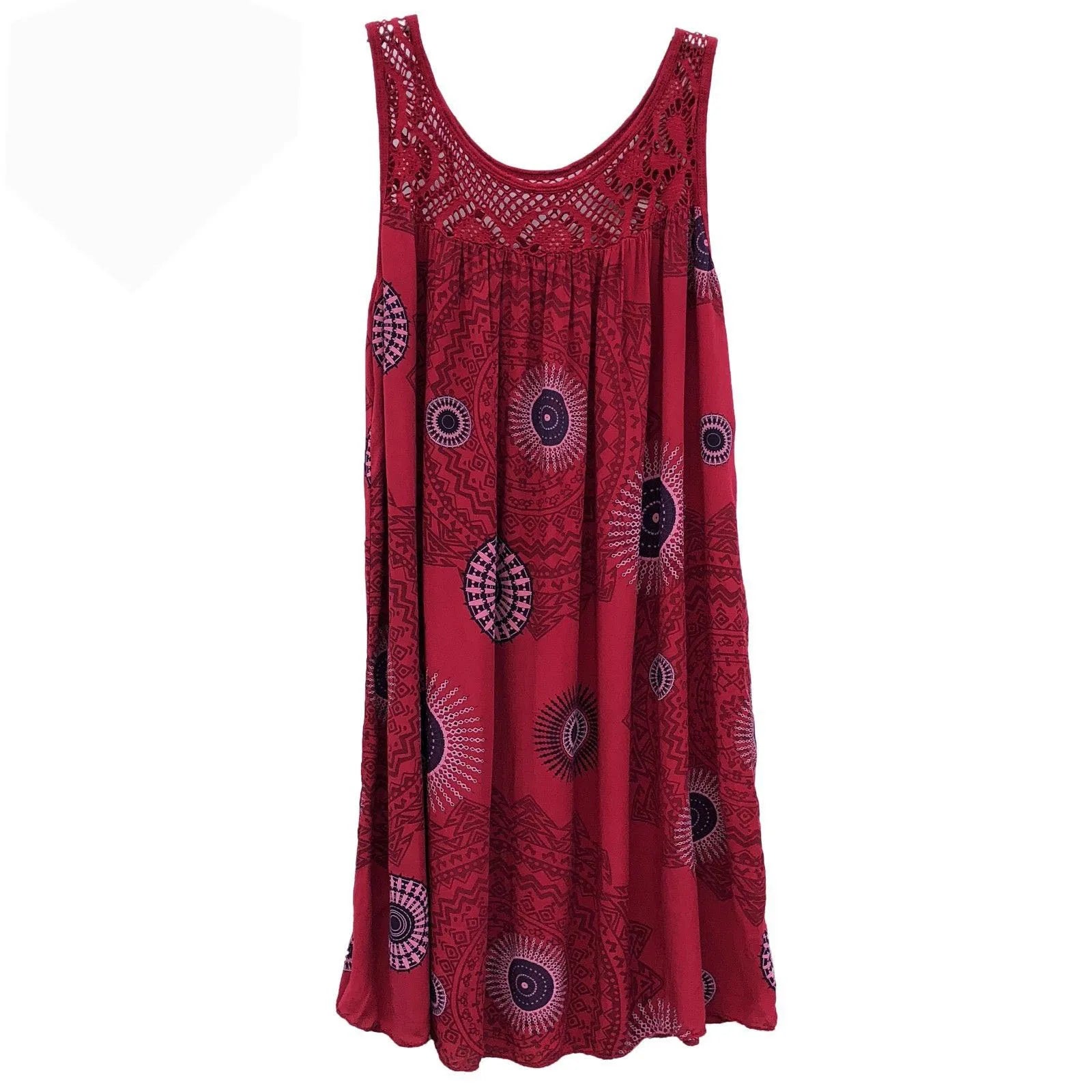Women's Plus Size Boho Print Swing Dress – Lace Crochet Neck Sleeveless Camisole