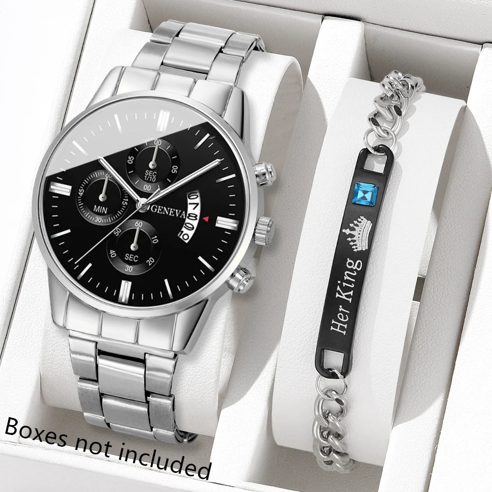 Men's Quartz Watch & Bracelet Gift Set – Calendar Chronograph-Style Dial