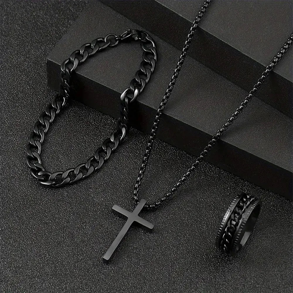 Punk Cross Pendant Necklace, Bracelet & Ring Set | 3-Piece Hip Hop Jewelry