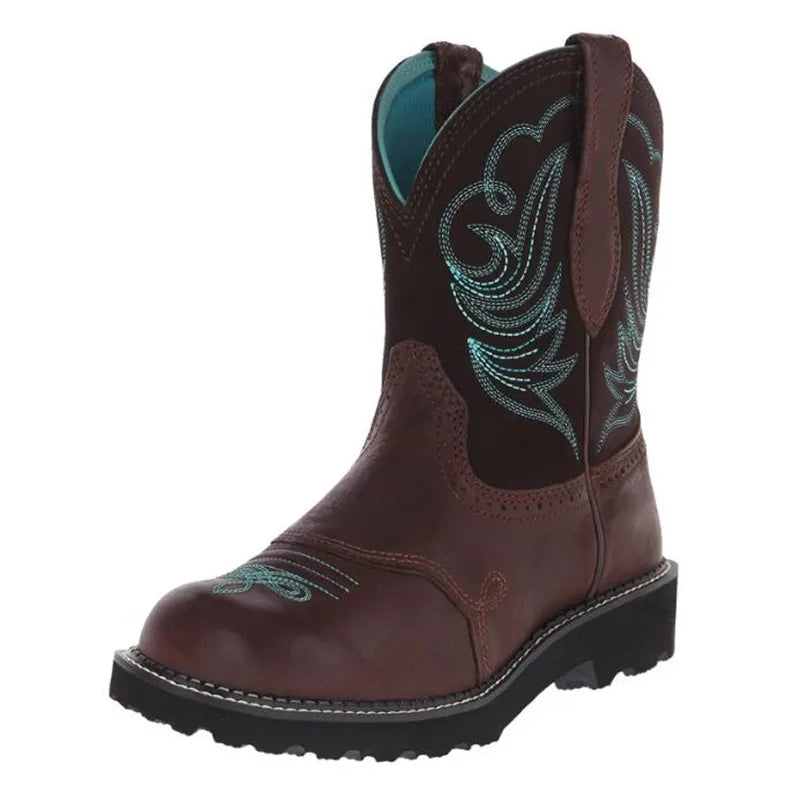 Women's Goth Cowboy Boots – Embroidered Mid-Calf Slip-On, Retro Western