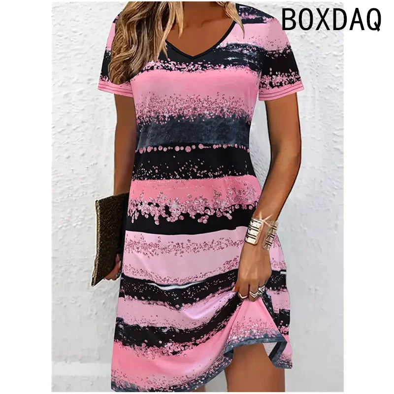 Vestido de mujer de verano de manga corta con cuello redondo, casual, holgado, línea A, talla grande 3XL, estampado 3D a rayas, elegante, vintage