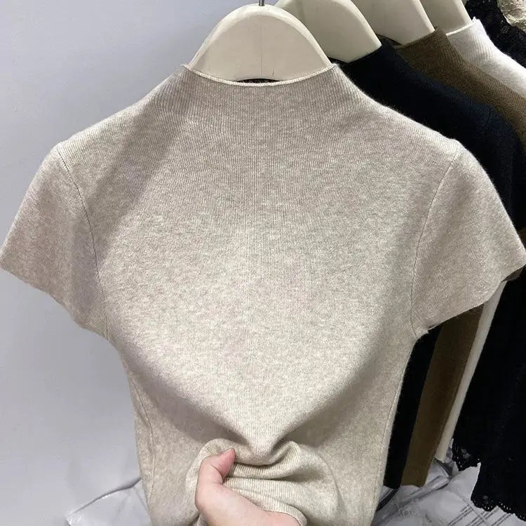 Women's Basic Turtleneck Slim Knit Sweater | Short Sleeve Bodycon Pullover Top One Size