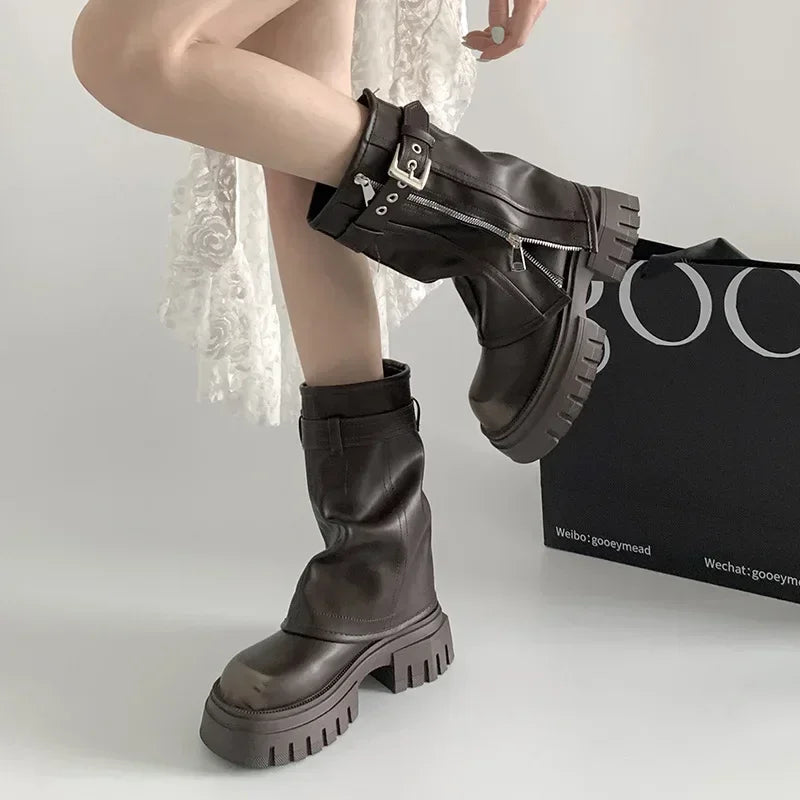Winter Women Biker Boots Fashion Belt Buckle Ladies Elegant Platform Long Pipe Booties Casual Women's Knee High Booties2024