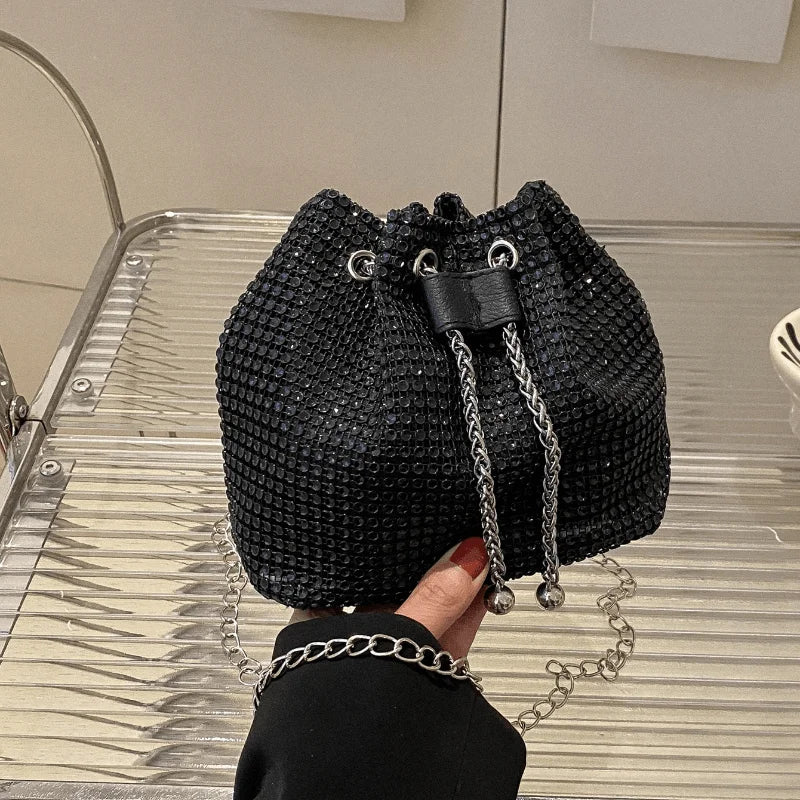 Sparkling Rhinestone Drawstring Bucket Purse — Crossbody Bag for Women