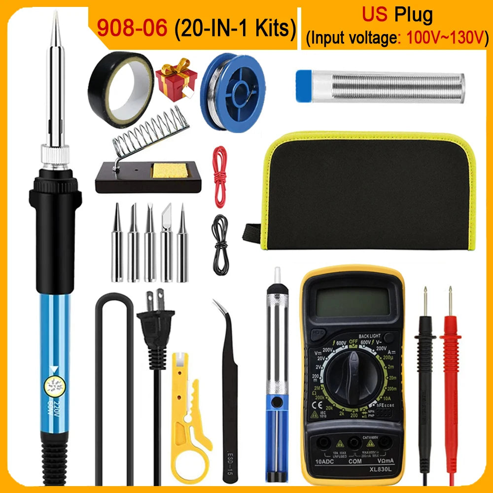 Electric Soldering Iron Kit – 60W Adjustable Temp, 10/16/20-in-1, US & EU Plug