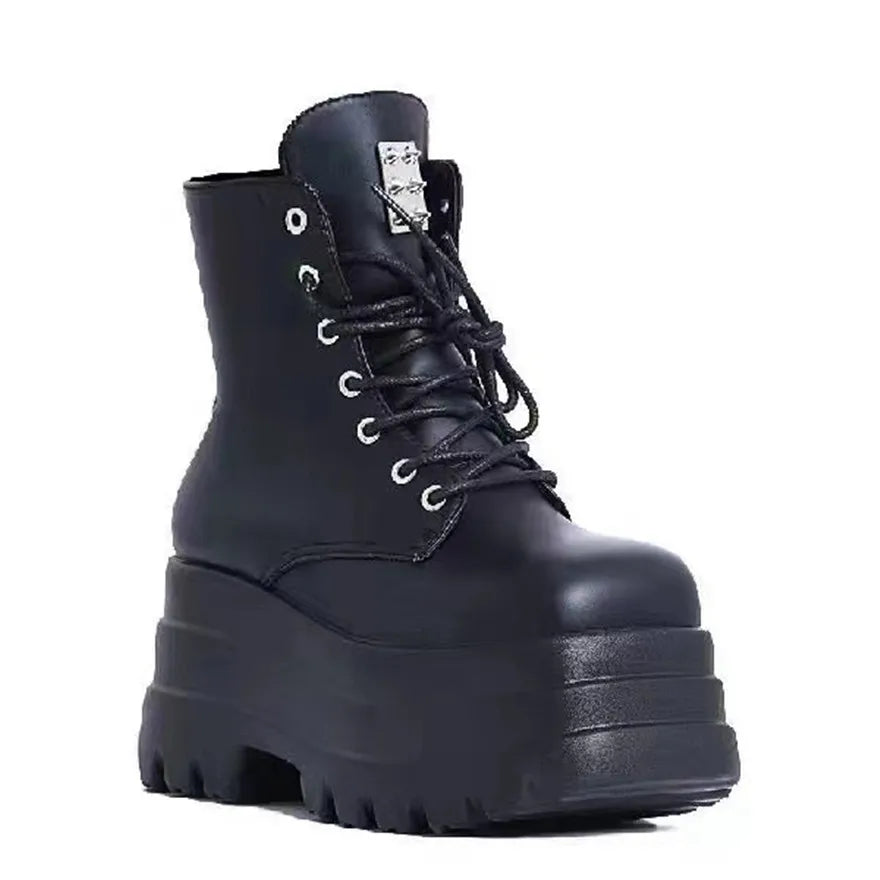Punk Style Women Platform Wedges Boots 2025 Autumn Soft Leather Fashion Metal Rivet Female Lace Up High Heel Gothic Shoes Black