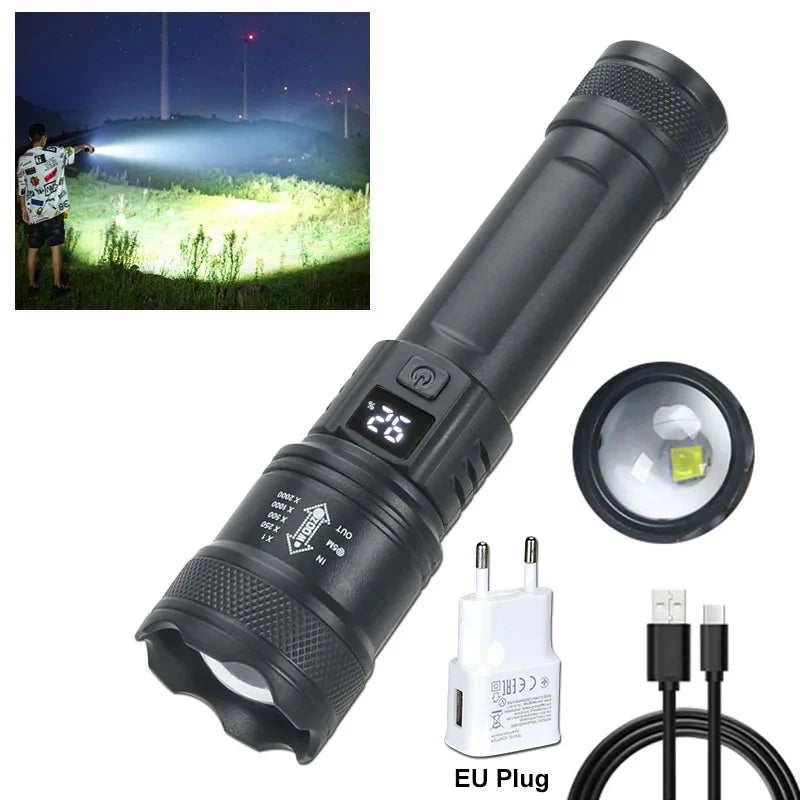 Tactical LED Flashlight – 2000LM, Zoomable, USB Rechargeable & Power Bank