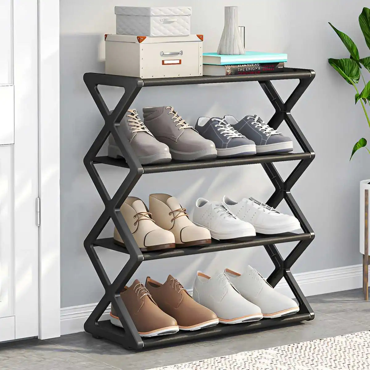 4-Tier X-Shape Shoe Rack – Dustproof, Space-Saving | Holds 8–10 Pairs
