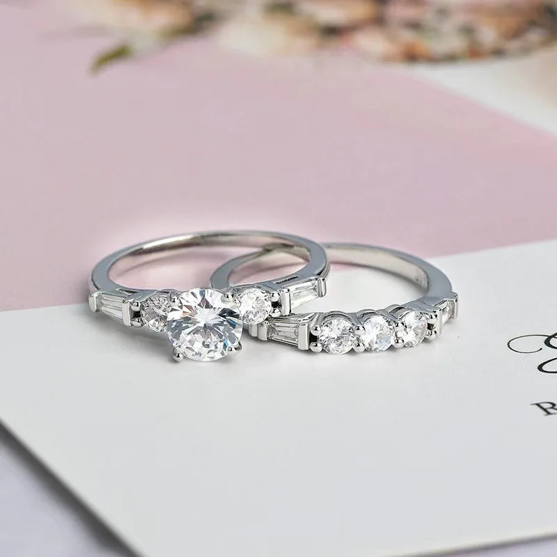Simulated Diamond Combo Ring | Round & Baguette Cut | Silver Plated Band