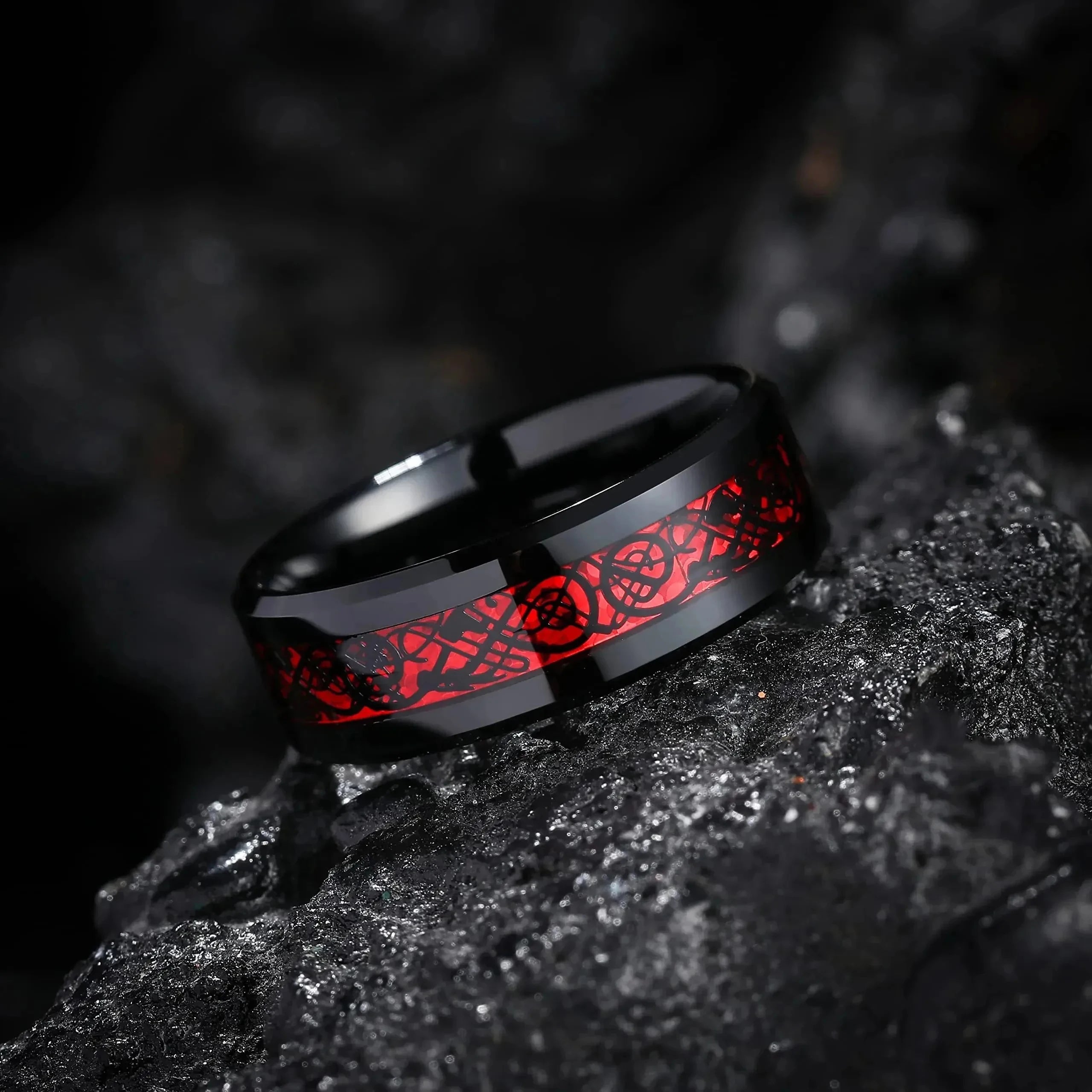 Charm Couple Rings – Red Rhinestone Women's & Celtic Dragon Men's Wedding Band Set
