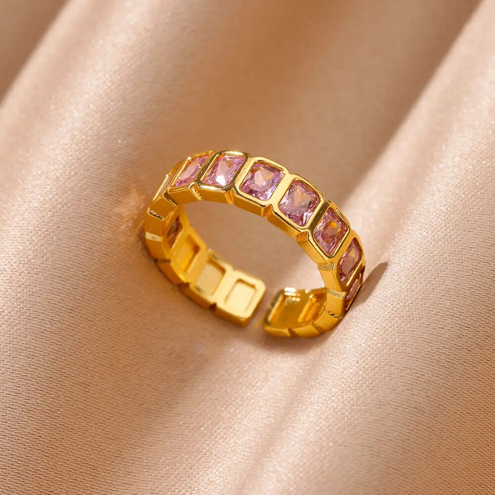 Anillo Abierto de Circonita Cúbica de Colores | Acero Inoxidable Bañado en Oro de 18K | Estilo Boho Vintage | Regalo para Mujer