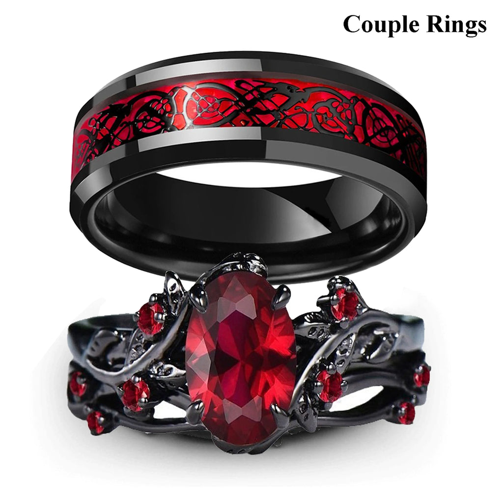 Charm Couple Rings – Red Rhinestone Women's & Celtic Dragon Men's Wedding Band Set