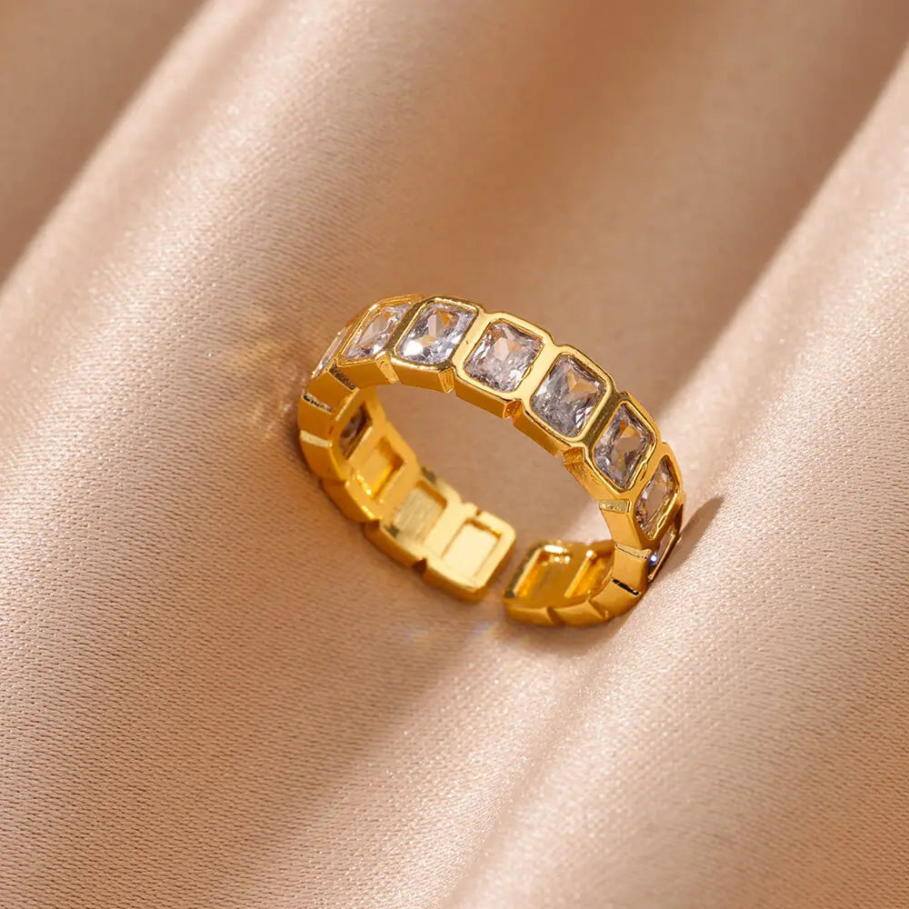 Anillo Abierto de Circonita Cúbica de Colores | Acero Inoxidable Bañado en Oro de 18K | Estilo Boho Vintage | Regalo para Mujer