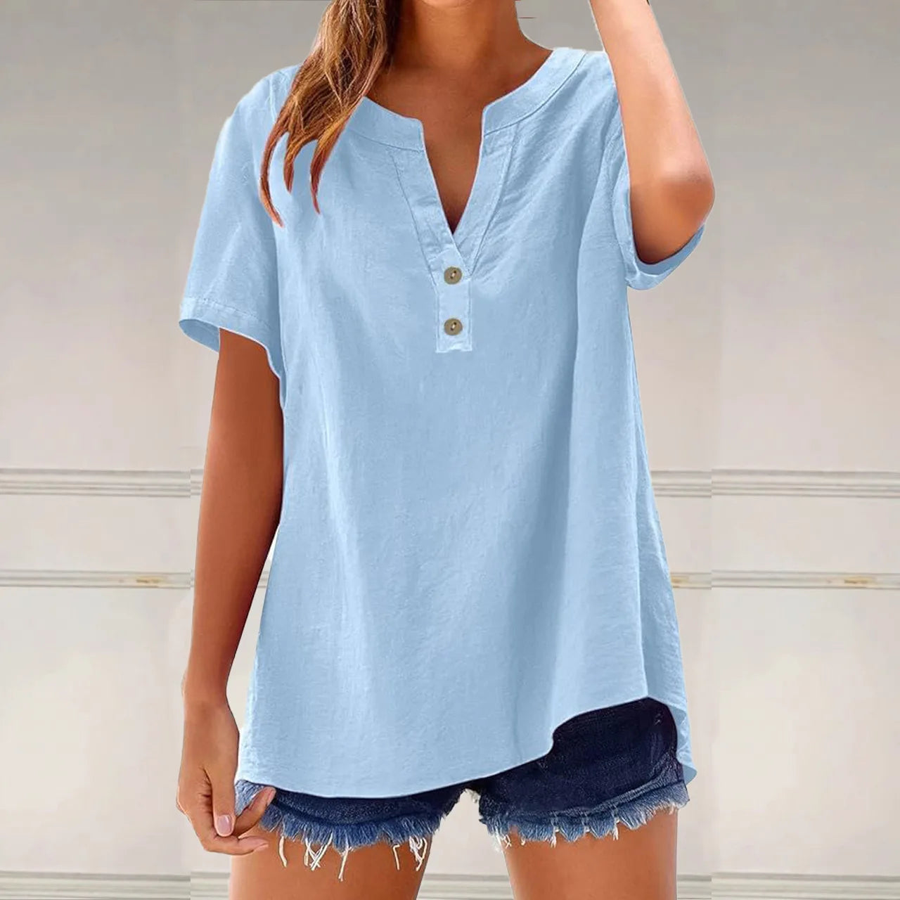 Summer Cotton Linen Women Shirts Fashion Breathable Solid Color V-Neck Blouses Casual Short Sleeve Button Lady Office Tops 2025