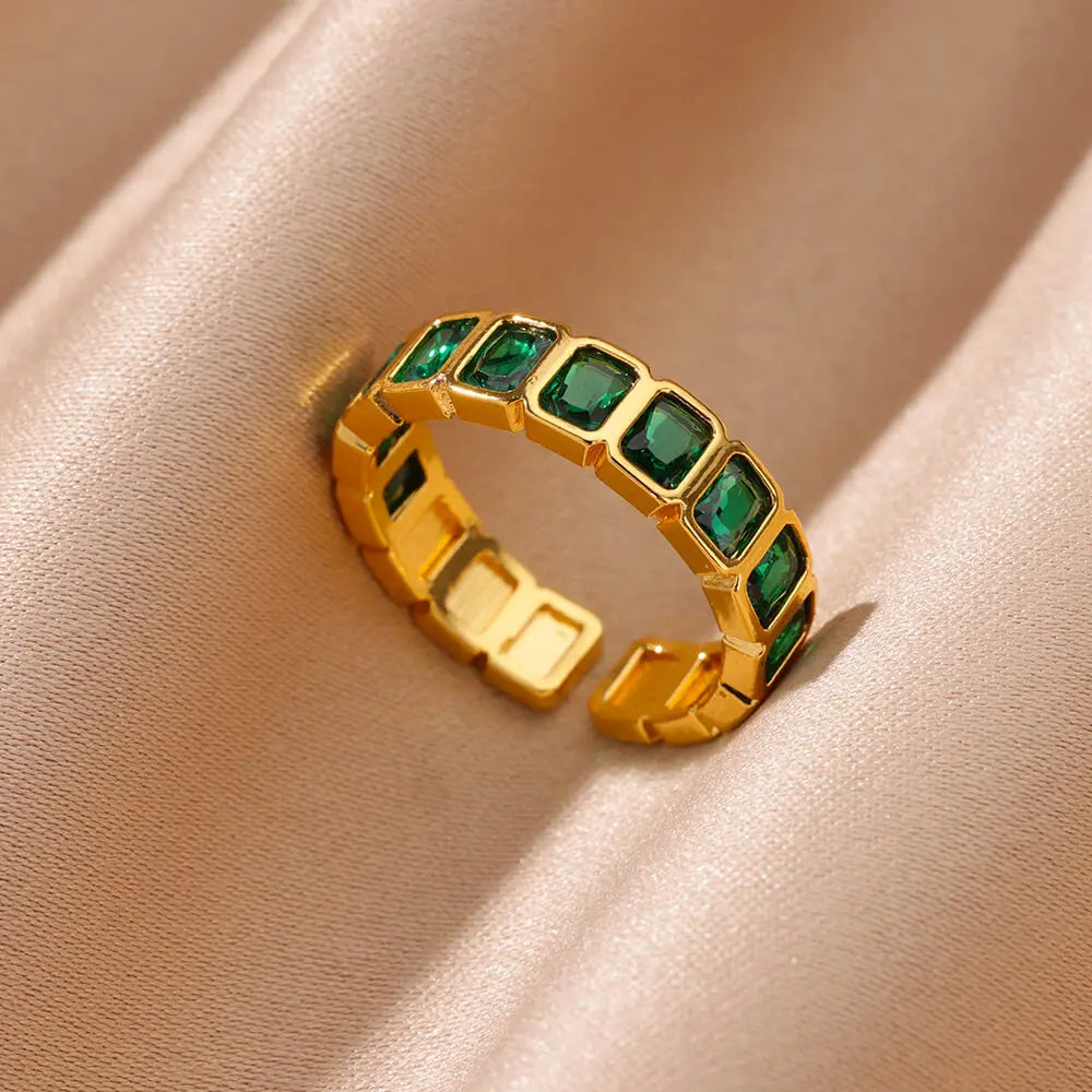 Anillo Abierto de Circonita Cúbica de Colores | Acero Inoxidable Bañado en Oro de 18K | Estilo Boho Vintage | Regalo para Mujer