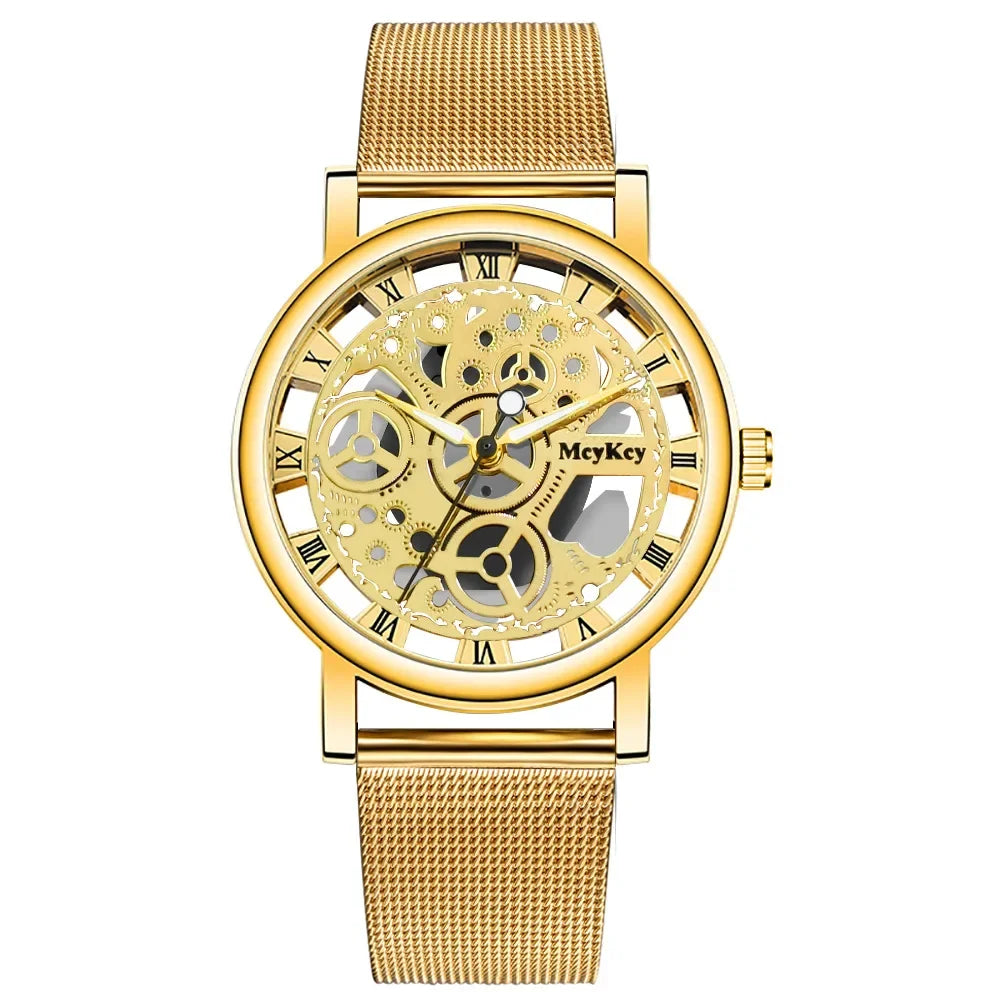 Moda Top Mujeres Reloj de Pulsera de Cuarzo de Malla Metálica para Dama con Diseño de Esqueleto Hueco y Reloj Mecánico Falso para Mujer Relogio Feminino