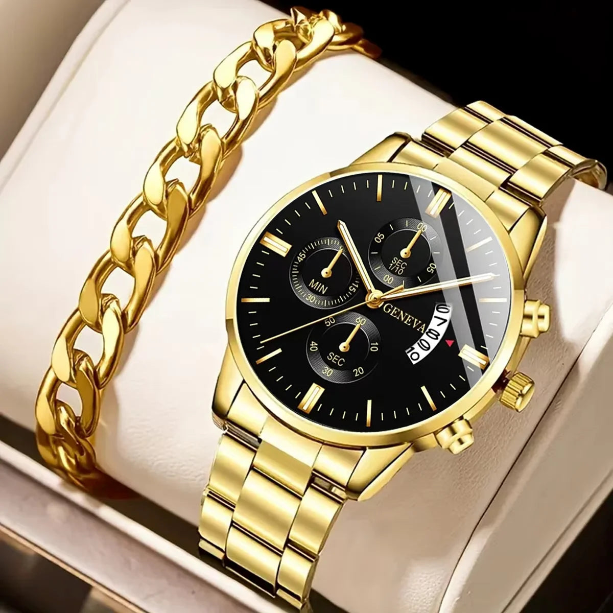 Men's Quartz Watch & Bracelet Gift Set – Calendar Chronograph-Style Dial