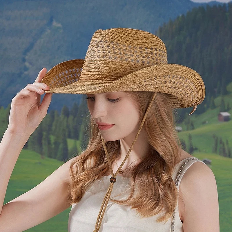 Breathable Hollow-Out Woven Denim Straw Hat with Black Trim and Contrasting Color, with Windproof Strap, Suitable for Outdoor Beach Sun Protection, Unisex, Holiday Gift