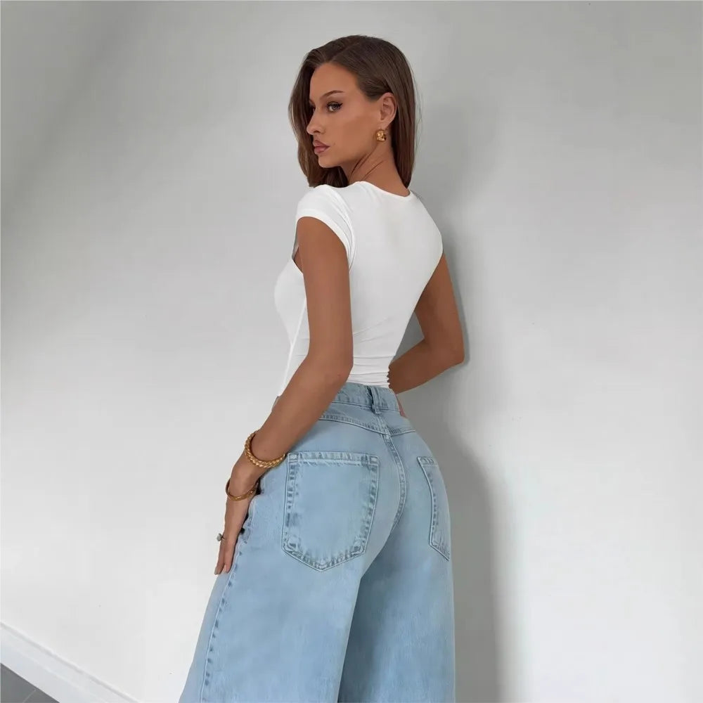 Women's Lace Panel Bodysuit – Short Sleeve Slim Fit Patchwork Top