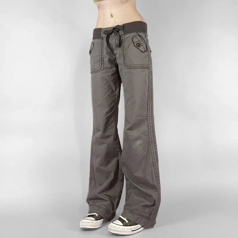 Retro Lace-up Low Rise Pants Streetwear Patchwork Loose Casual  for Women Harajuku Straight Trousers Korean Fashion