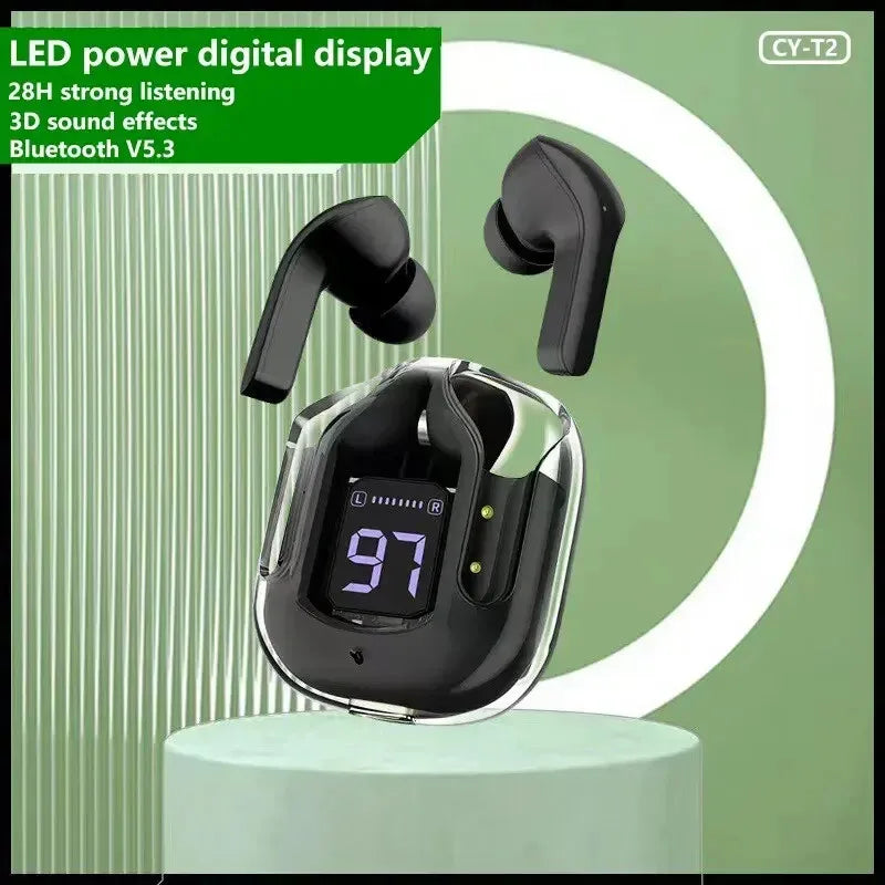 T2 Wireless Earbuds – Transparent Case, HiFi Sound, LED Display, Built-in Mic