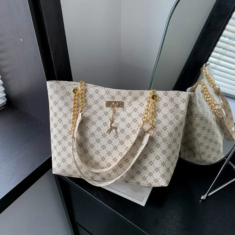 Luxury Plaid Print Tote Bag — Large Capacity PU Leather Shoulder Bag with Tassel Pendant