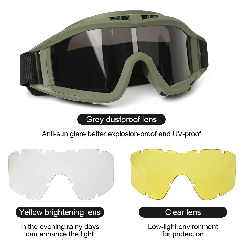 Airsoft Tactical Goggles – 3 Lens Set | Windproof & Dustproof
