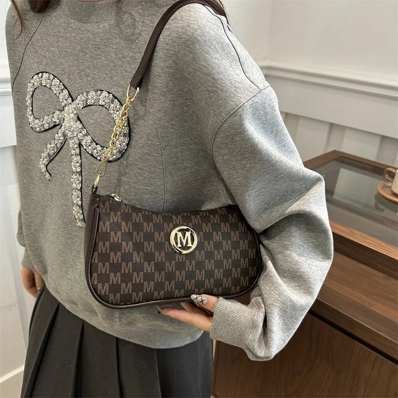 Vintage Gold Letter 'M' PU Leather Crossbody Bag — Shoulder & Messenger Handbag