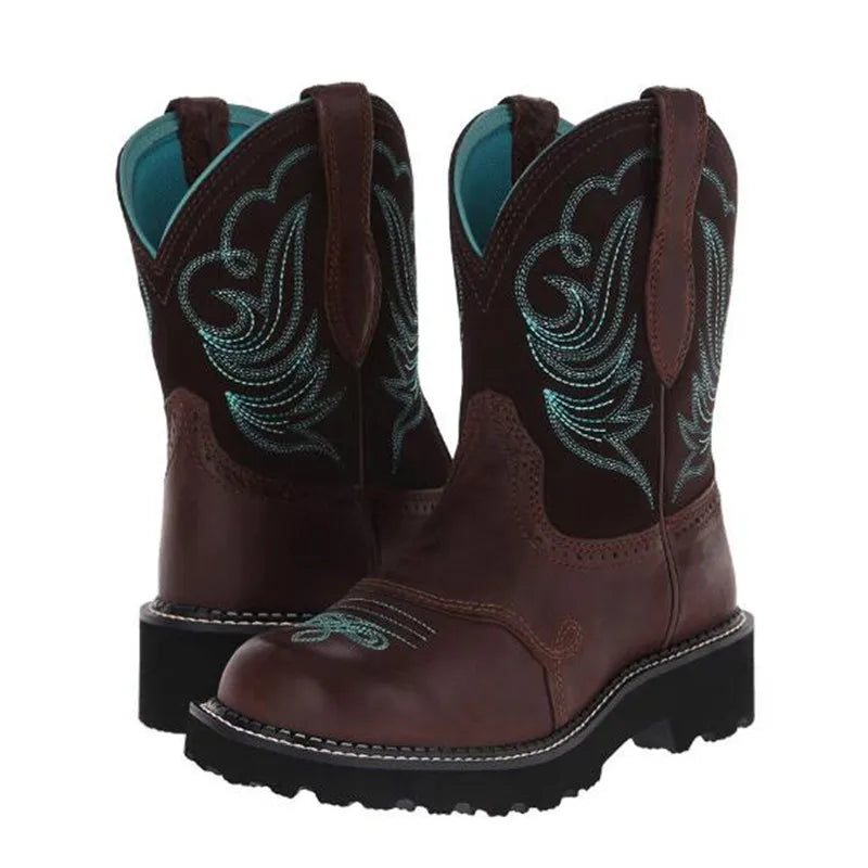 Women's Goth Cowboy Boots – Embroidered Mid-Calf Slip-On, Retro Western