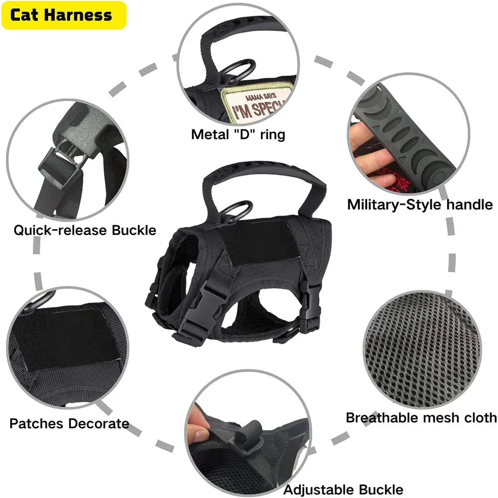 Tactical Cat & Dog Harness with Leash – Adjustable Soft Mesh Vest with Handle