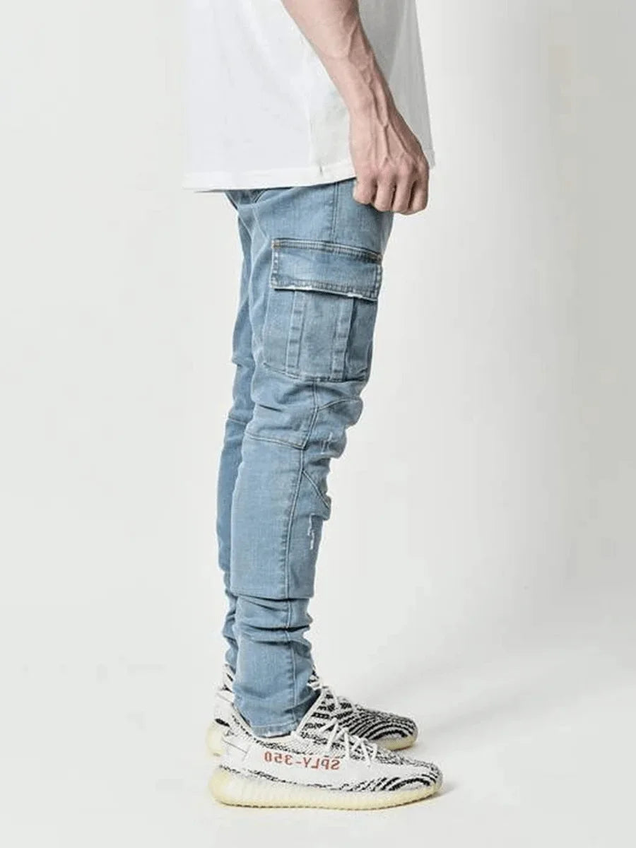 Men’s Multi-Pocket Cargo Jeans – Relaxed Fit Washed Denim Pants