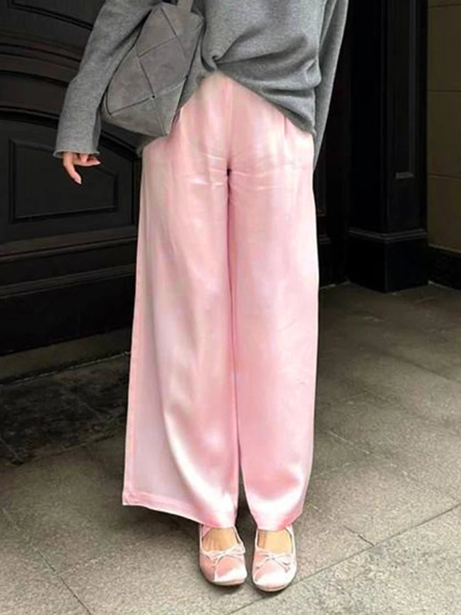 Elegantes pantalones de satén de pernera ancha para mujer, con estilo, cintura elástica, ajuste holgado, pantalones largos para ropa de calle, trabajo, color liso