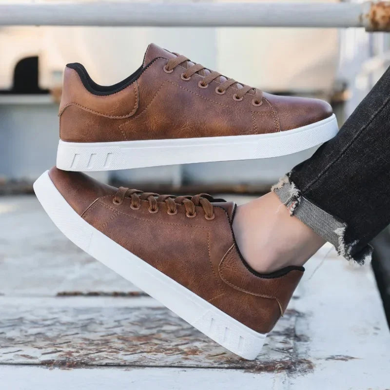 Men's British-Style Leather Sneakers | Casual Lace-Up Flat Shoes