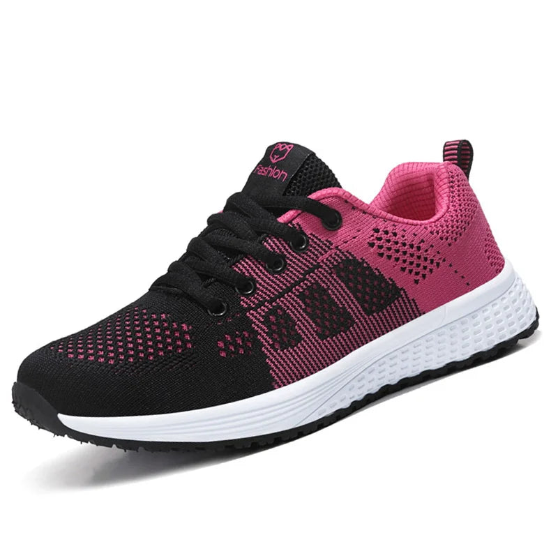 Women's Breathable Mesh Lace-Up Sneakers – Lightweight Flat Walking Shoes