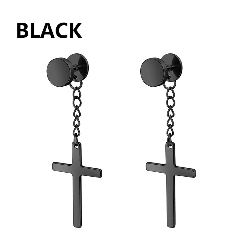 Pendientes de Aro y Botón de Acero Inoxidable Punk – Estilo Redondo y Cruzado Unisex