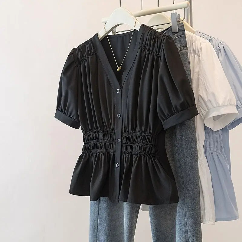 Women's Plus Size Puff Sleeve Blouse – V-Neck Smocked Waist Peplum Top